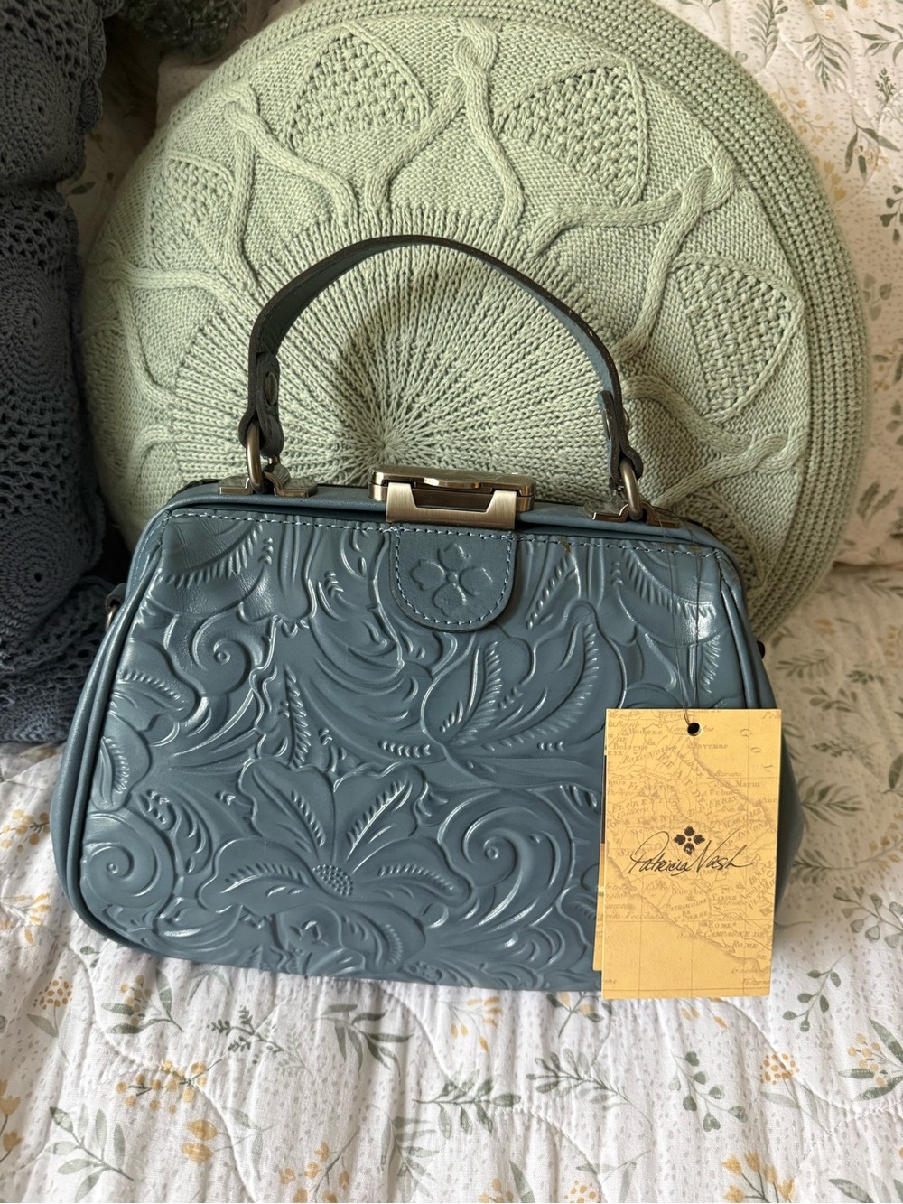 Patricia Nash Embossed Leather Floral Top-Handle Bag in Slate Blue